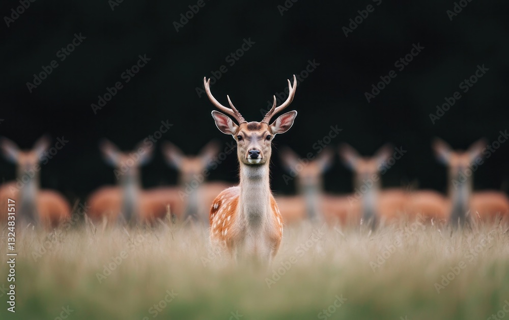 Fototapeta premium Herd of Deer in a Field at Dusk