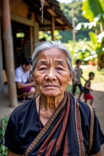Portrait of elderly woman in traditional clothing standing outside rural home with children playing in background