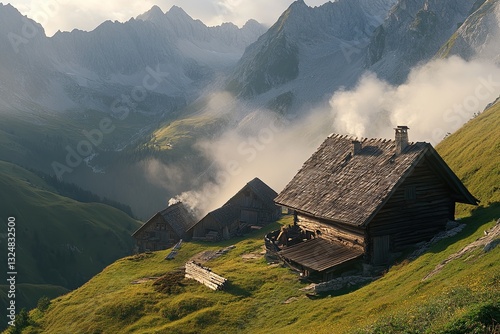 Picturesque mountain huts nestled amidst alpine meadows, bathed in golden sunlight, with majestic peaks shrouded in mist