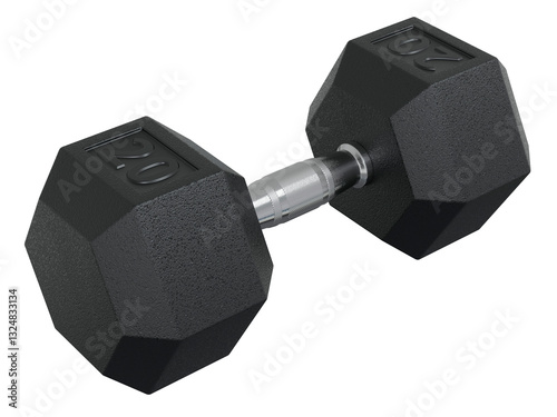 Hex Dumbbell with number 20, weightlifting gym equipment side view. Png clipart isolated on transparent background