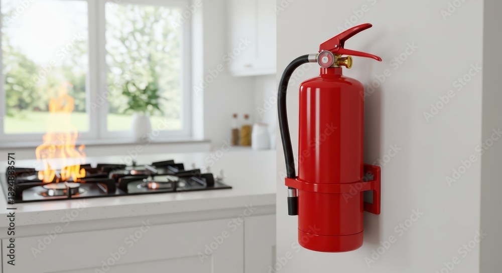 Obraz premium Red fire extinguisher in the kitchen, harmoniously blended with the interior