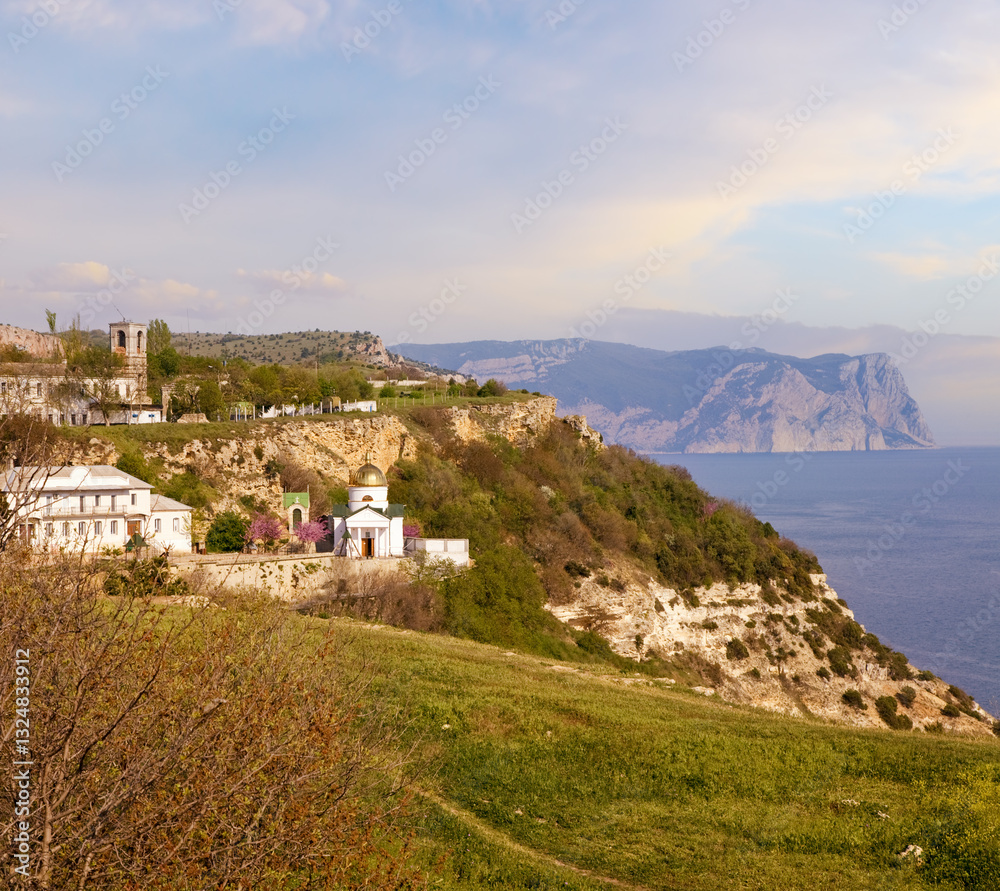 Summer coast and Saint George cloister view from Phiolent Cape (Crimea, Ukraine)