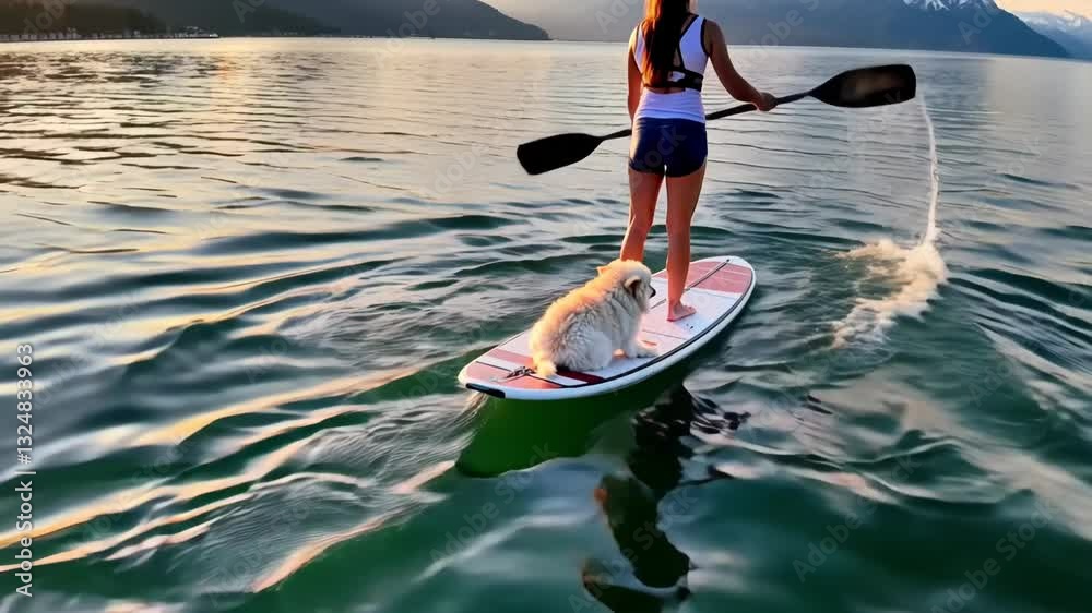 Woman paddleboarding with her dog on a calm sea, enjoying outdoor adventure and companionship under a clear sky