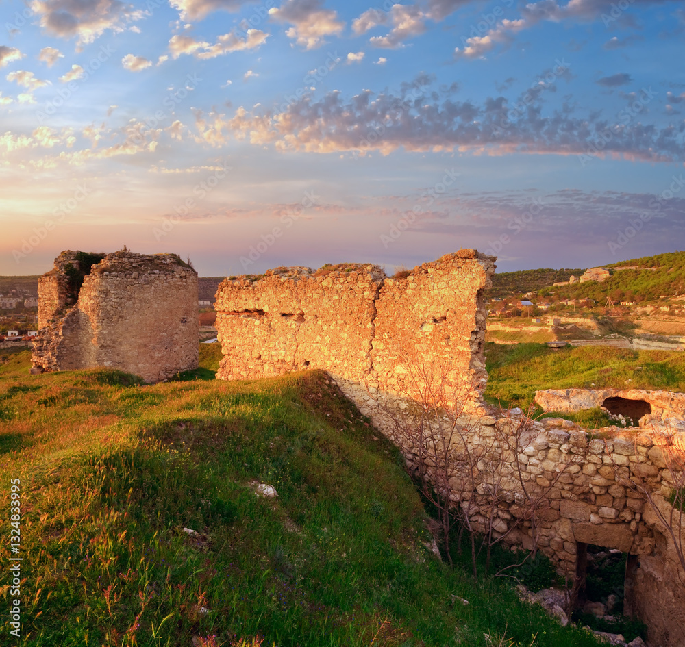 Summer sunset view of ancient Crimean fortress (near Sevastopol Town, Crimea, Ukraine)
