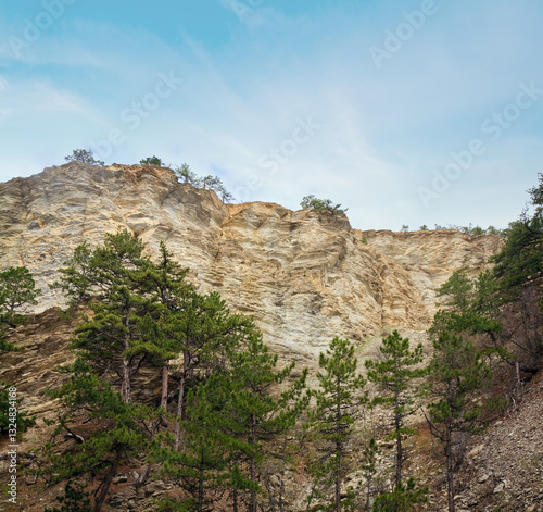 Obraz na płótnie Cloudy Aj-Petri Mountain view and pine trees on slope Crimea, Ukraine) w salonie
