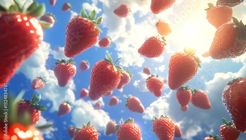 Juicy strawberries falling from the sky on a sunny day. A vibrant, summery scene with a playful mood.