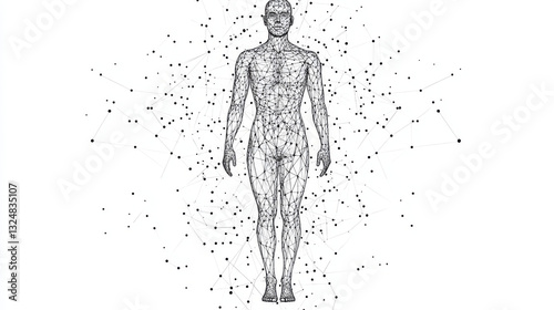 Human body. Isolated black vector illustration in low-poly style on a white background. The drawing consists of thin lines and dots. Polygonal image on topics of science or medicine. Low poly EPS.