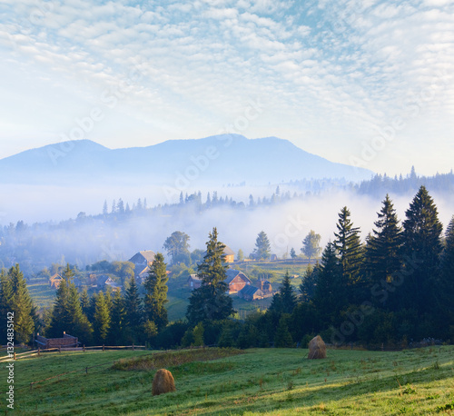 Obraz na płótnie summer misty mountain village (countryside landscape) w salonie