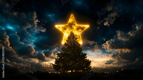 Holiday-themed illustrations, digital design projects, greeting cards, web banners, and a cheerful caricature-style close-up of a glowing star atop a Christmas tree