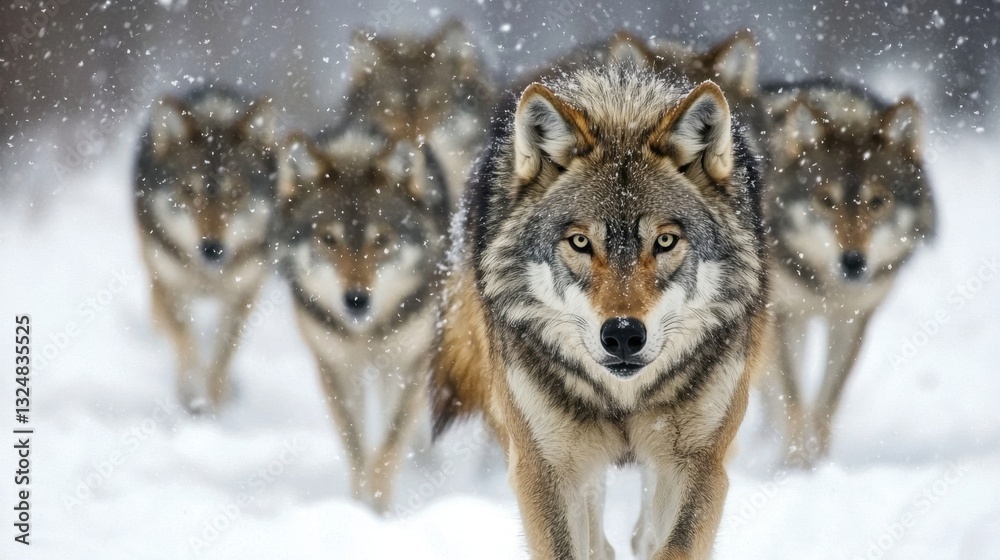 Obraz premium A pack of wolves traverses a snowy area amidst falling snowflakes. The lead wolf displays keen focus while the others follow closely behind, creating an atmosphere of wilderness
