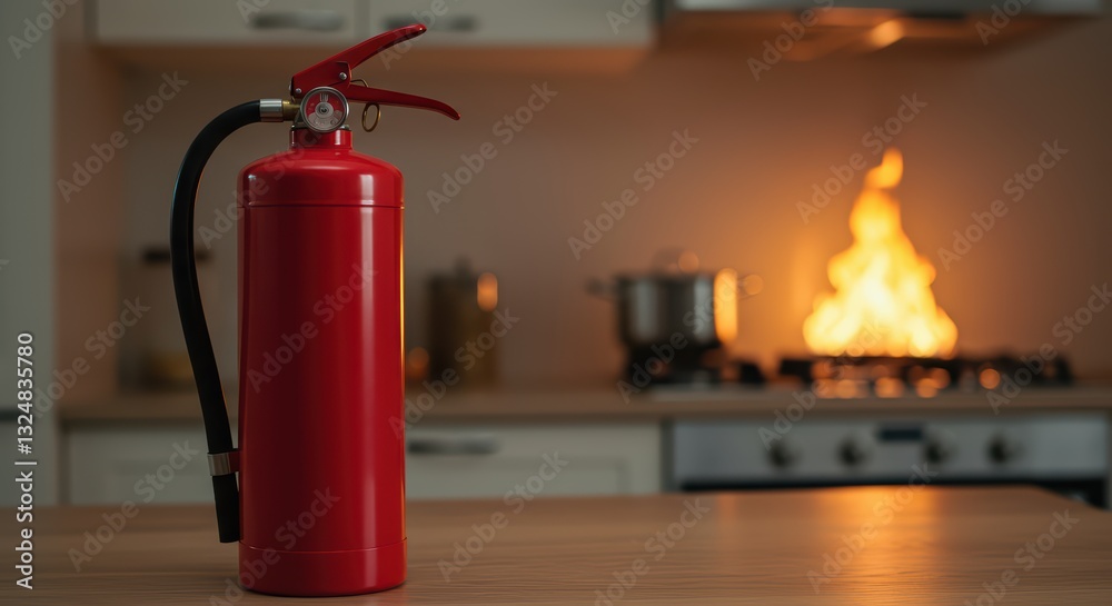 Obraz premium Red fire extinguisher in the kitchen, harmoniously blended with the interior