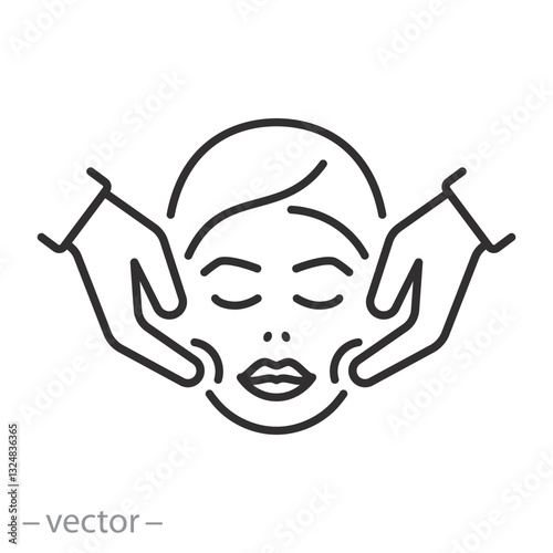 facial massage icon, hands with face, facial skin treatment, thin line symbol, vector illustration