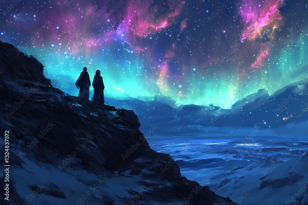 Two figures stand silhouetted against a breathtaking aurora borealis and starry night sky, overlooking a vast, snow-covered landscape. Two figures stand silhouetted against a breathtaking aurora borealis and starry night sky, overlooking a vast, snow-covered landscape.