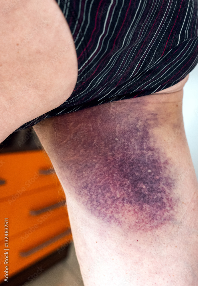 Bruise on the leg of a man. A bruised thig. Close-up