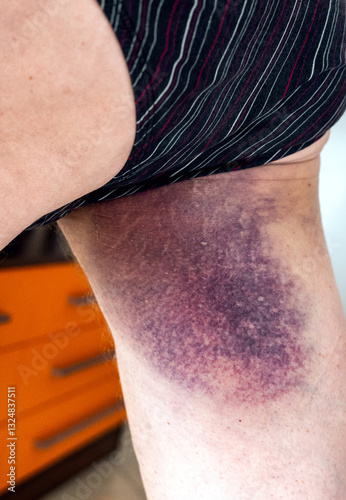 Obraz na płótnie Bruise on the leg of a man. A bruised thig. Close-up w salonie