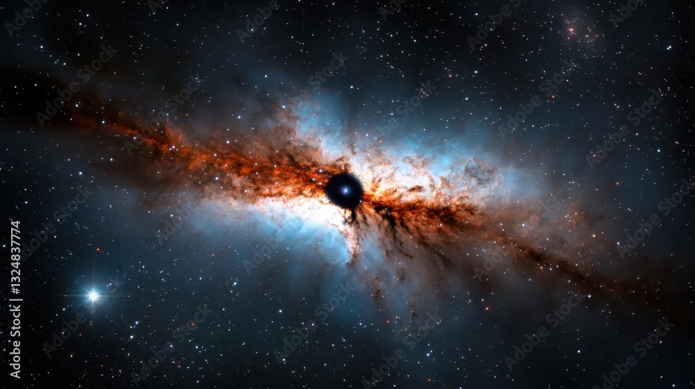 Obraz premium A stunning cosmic display reveals a swirling galaxy illuminated by bright stars, with a prominent black hole at its center. The brilliant hues of blue and orange paint the vastness of space