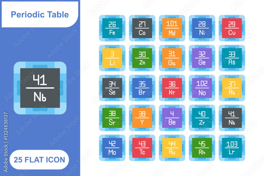 Fototapeta premium Periodic Table Flat Icons Set, Collection of Periodic Table elements Flat Icons Set - 25 Vector Icons for Chemistry, Elements, Science Education, and Periodic Chart