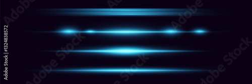 Light rays collection. Neon blue horizontal speed lines. Abstract laser light beams. Vector. EPS 10.