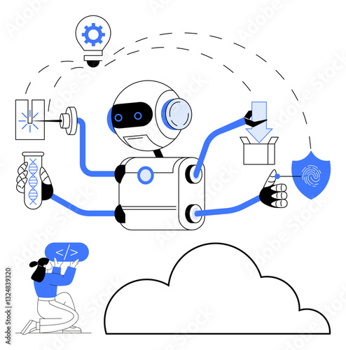 Robot uses multiple arms for tasks thumbs up code creation, data sorting, DNA research, and security encryption. Features light bulb and fingerprint as metaphors. Ideal for technology, AI innovation