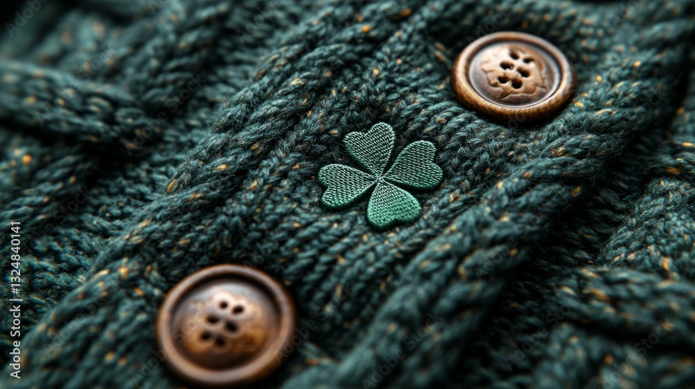 A close-up of a green St. Patricks Day sweater with a shamrock design A close-up of a green St. Patricks Day sweater with a shamrock design