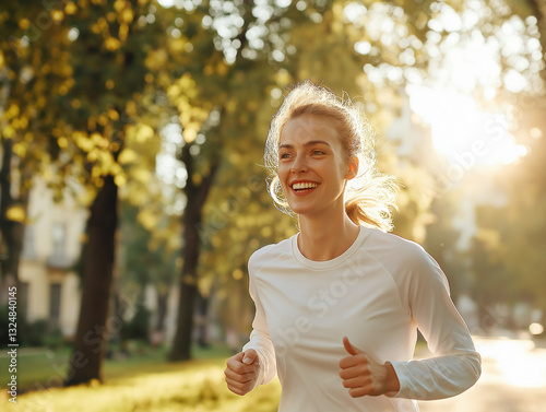Jogging woman enjoys morning sunshine in a city park while maintaining an active lifestyle during the day