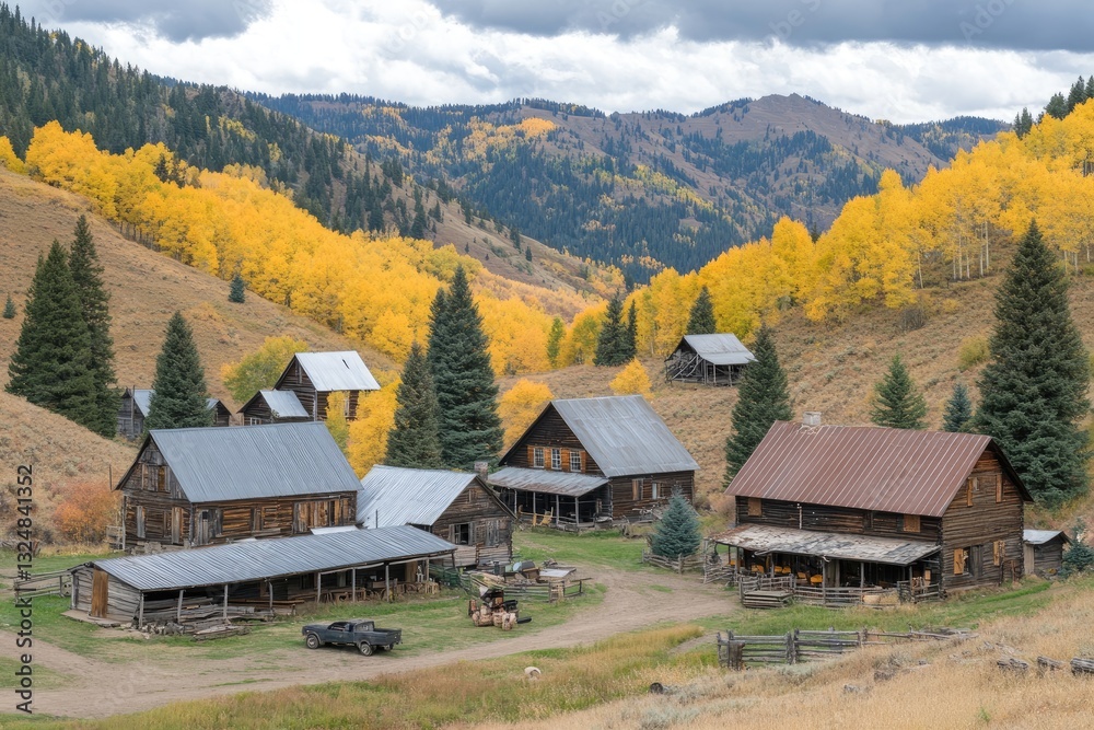 Autumnal gold, historic valley settlement. Rustic buildings nestled amidst vibrant foliage in a mountain valley. Fall colors paint the hillsides. A timeless scene Autumnal gold, historic valley settlement. Rustic buildings nestled amidst vibrant foliage in a mountain valley. Fall colors paint the hillsides. A timeless scene