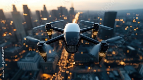 A drone hovers above a vibrant city skyline during dusk, showcasing the illuminated buildings and bustling streets below as daylight fades into night