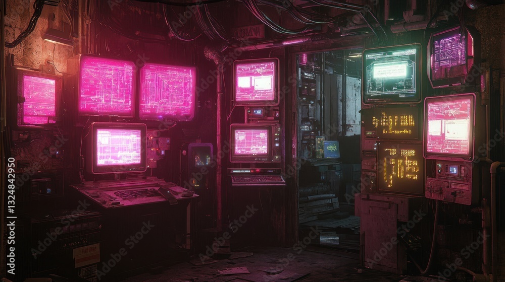 Fototapeta premium Retro Futuristic Cyberpunk Control Room: Neon Glow in a Digital Oasis