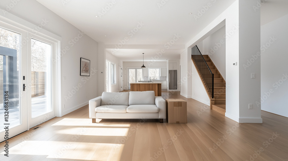 Fototapeta premium Bright and spacious living area in a modern home with minimalist design and a moving box
