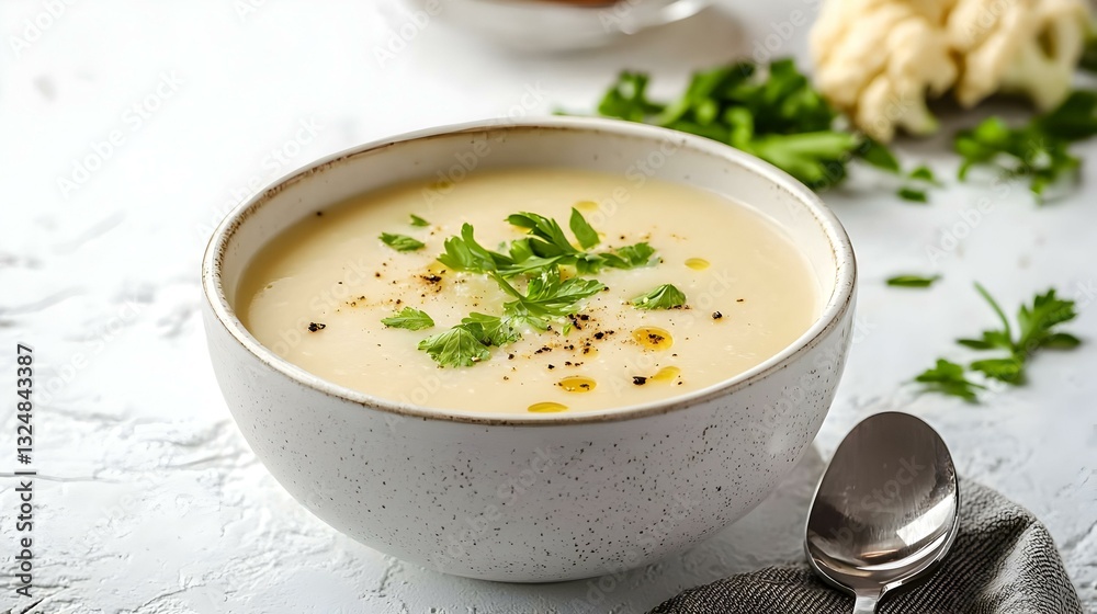 Vegan cauliflower soup on white background Vegan cauliflower soup on white background