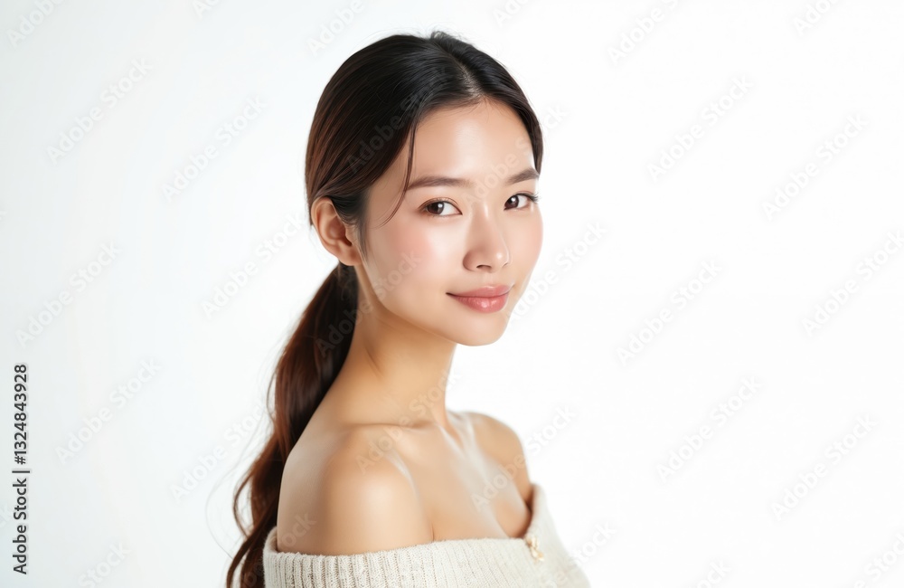 Beautiful young asian woman with clean fresh skin posing on white background. Pretty girl advertises face care, facial treatment and cosmetology services in beauty and spa salon. Beautiful young asian woman with clean fresh skin posing on white background. Pretty girl advertises face care, facial treatment and cosmetology services in beauty and spa salon.
