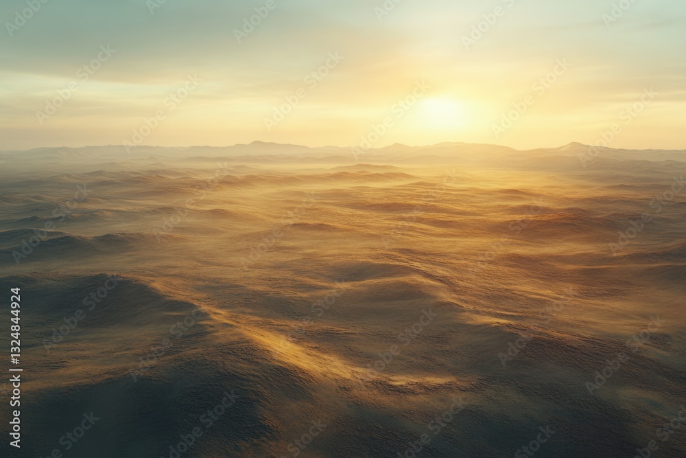 Fototapeta premium Vast desert landscape at sunset, golden sand dunes stretching to hazy mountains under a warm sky.