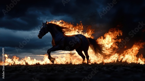 A powerful horse gallops through a field engulfed in flames, its mane flowing as the sun sets behind a darkening sky. Fire and strength blend in a striking spectacle