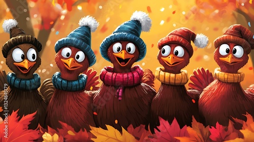 Five Friendly Turkeys Wearing Hats and Scarves in Autumn Setting