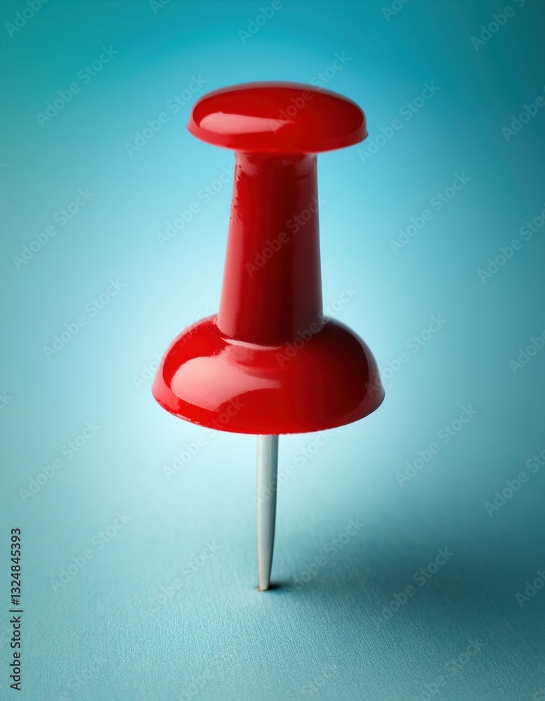 Bright red pushpin standing upright on a smooth blue background Bright red pushpin standing upright on a smooth blue background
