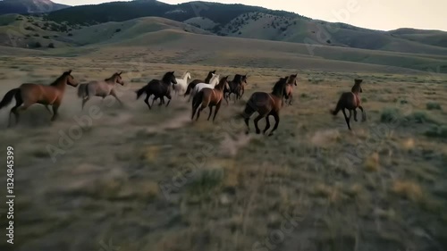 Wild horses galloping across open grassland at dusk with mountains in background. Aerial drone footage of free mustangs running in western American wilderness landscape at sunset.