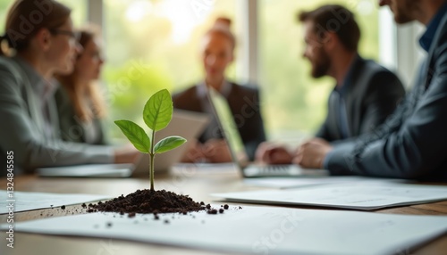 Young sprout on table at business meeting. Professionals discuss initiatives for greener future. Collaboration, strategy, corporate responsibility for environmental impact, sustainable investment, photo