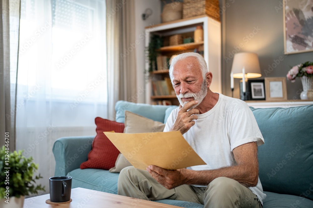 Senior man reading important documents at home on sofa Senior man reading important documents at home on sofa