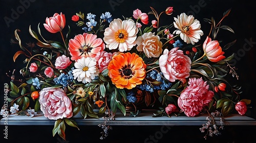 Vibrant floral still life with rich colors and dramatic lighting in Dutch master style

