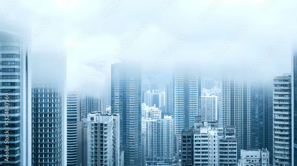 Aerial View of a Dense Cityscape with Tall Buildings Partially Obscured by Fog in Shades of Blue and White Aerial View of a Dense Cityscape with Tall Buildings Partially Obscured by Fog in Shades of Blue and White