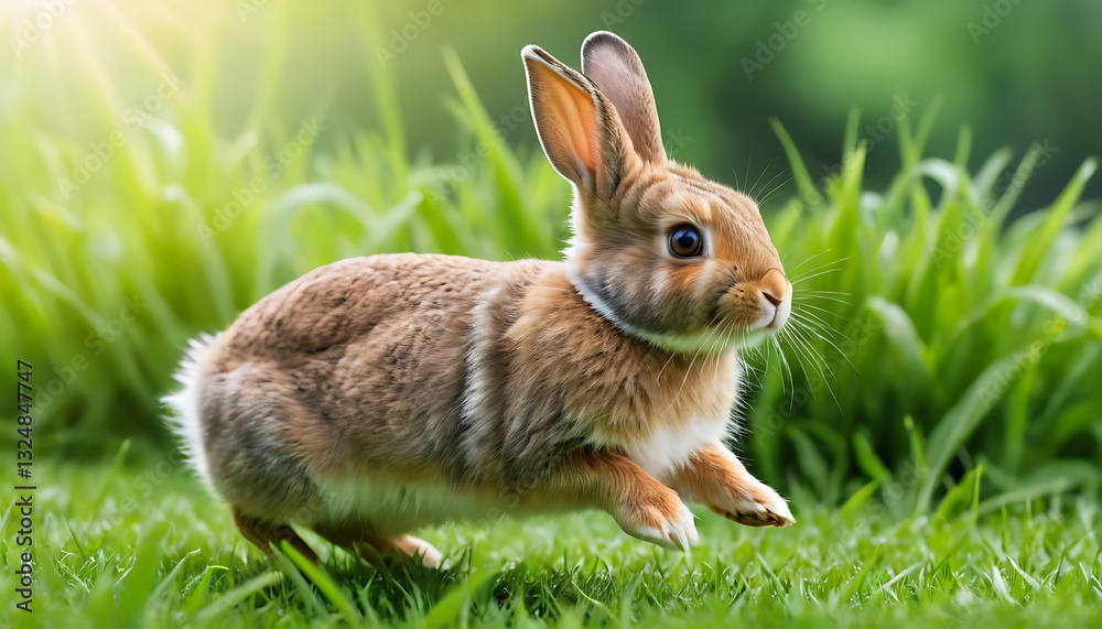 Fototapeta premium Energetic Bunny Leaping in a Green Field – Adorable and Playful Rabbit 