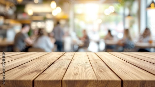 Wood table top with Restaurant cafe or coffee shop interior with people abstract defocused blur background. 4k Video. generated with AI