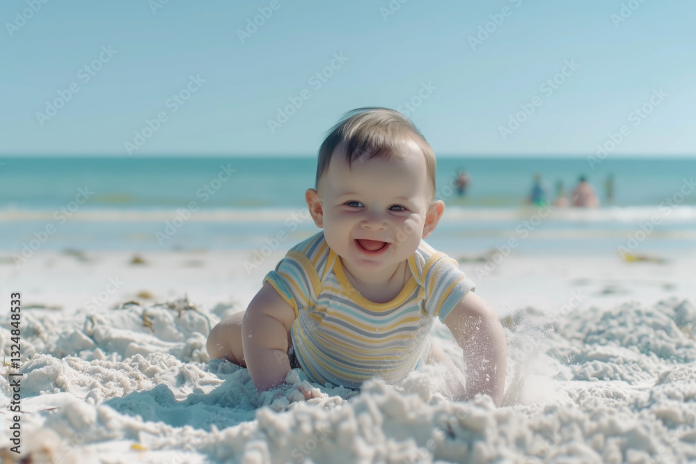 A joyful baby, wearing a striped yellow and white onesie, crawls on the white sand of a sunny beach. The turquoise ocean and clear blue sky provide a stunning backdrop for a day of exploration. A joyful baby, wearing a striped yellow and white onesie, crawls on the white sand of a sunny beach. The turquoise ocean and clear blue sky provide a stunning backdrop for a day of exploration.
