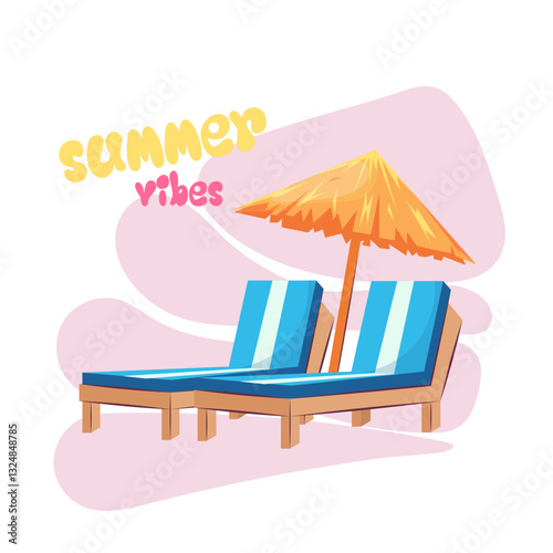 Straw umbrella and sun loungers. Summer beach holiday. Flat vector color illustration.