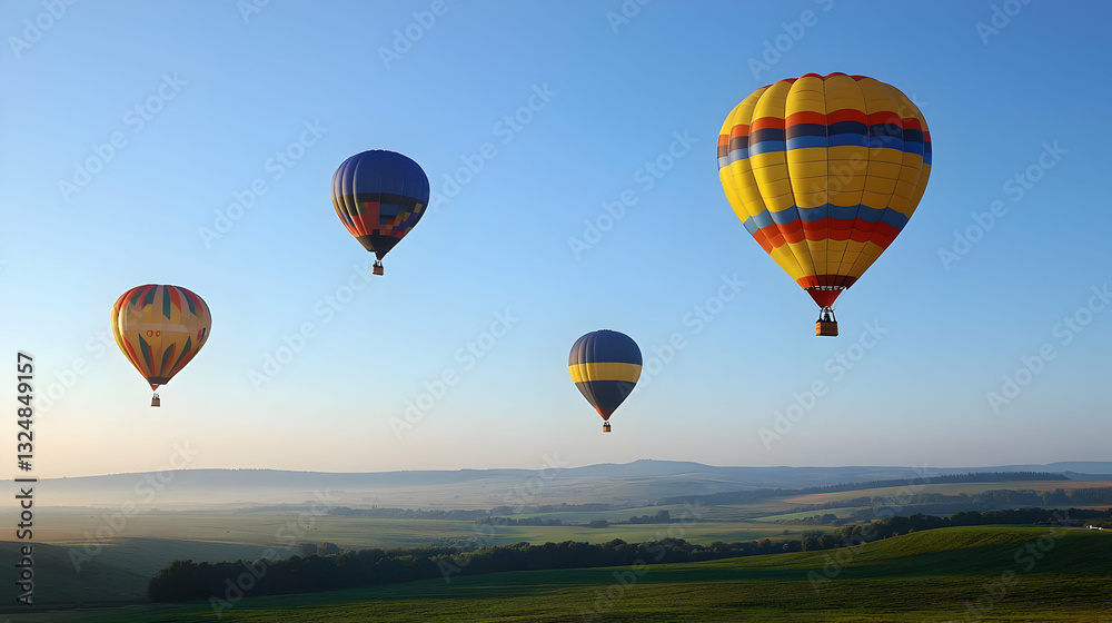 Naklejka premium Colorful Hot Air Balloons Soaring In Blue Sky Above Lush Green Landscape Under Sunny Morning Light