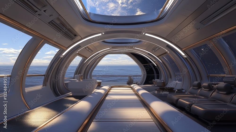 Futuristic Spaceship Interior Overlooking Ocean Futuristic Spaceship Interior Overlooking Ocean