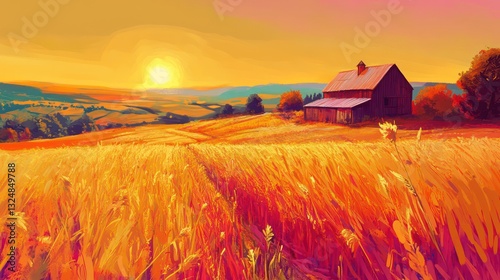 A beautiful sunset painting featuring a barn and field scene