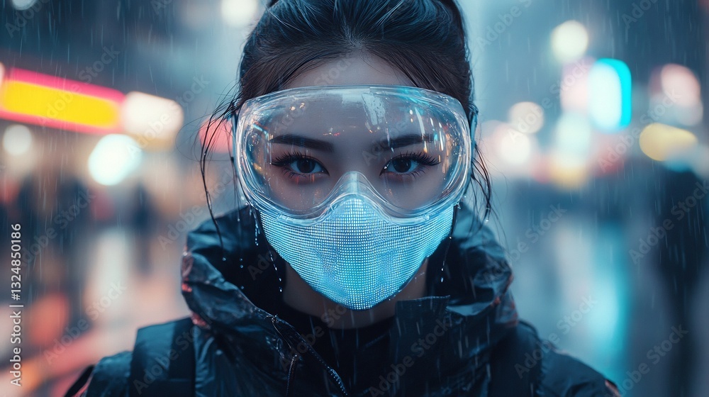 Cyberpunk fashion model wearing high tech mask glowing elements futuristic urban dystopia rain slicked streets holographic ads glowing reflections moody lighting Cyberpunk fashion model wearing high tech mask glowing elements futuristic urban dystopia rain slicked streets holographic ads glowing reflections moody lighting
