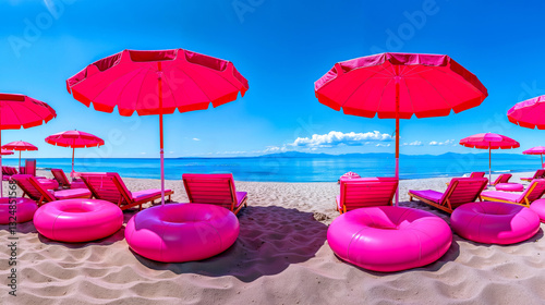 A beach filled with lots of pink umbrellas and lounge chairs