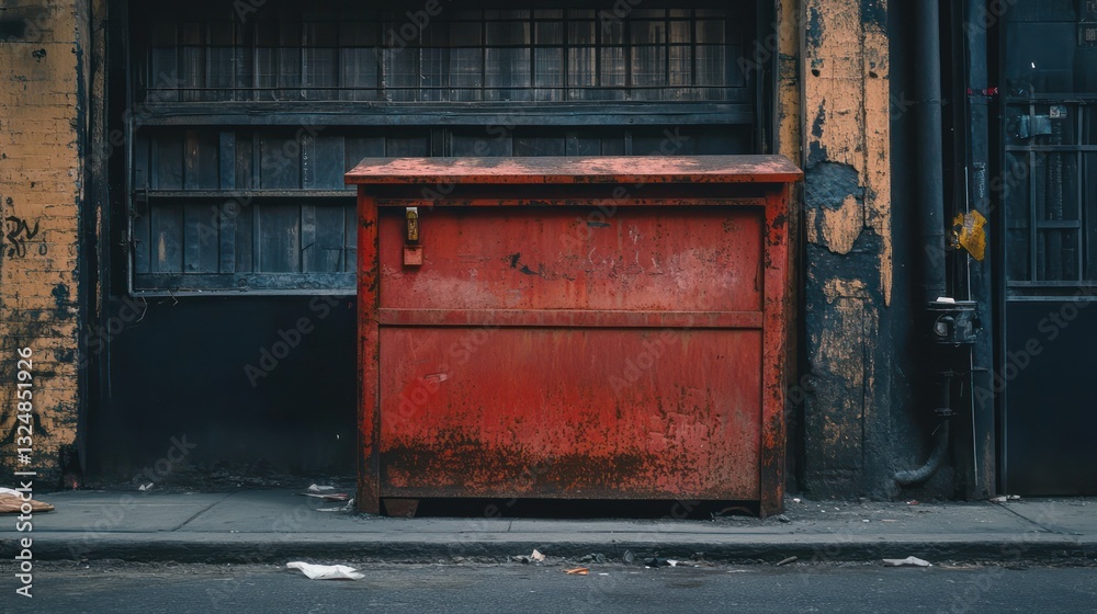 A rusted red dumpster stands prominently against a weathered wall